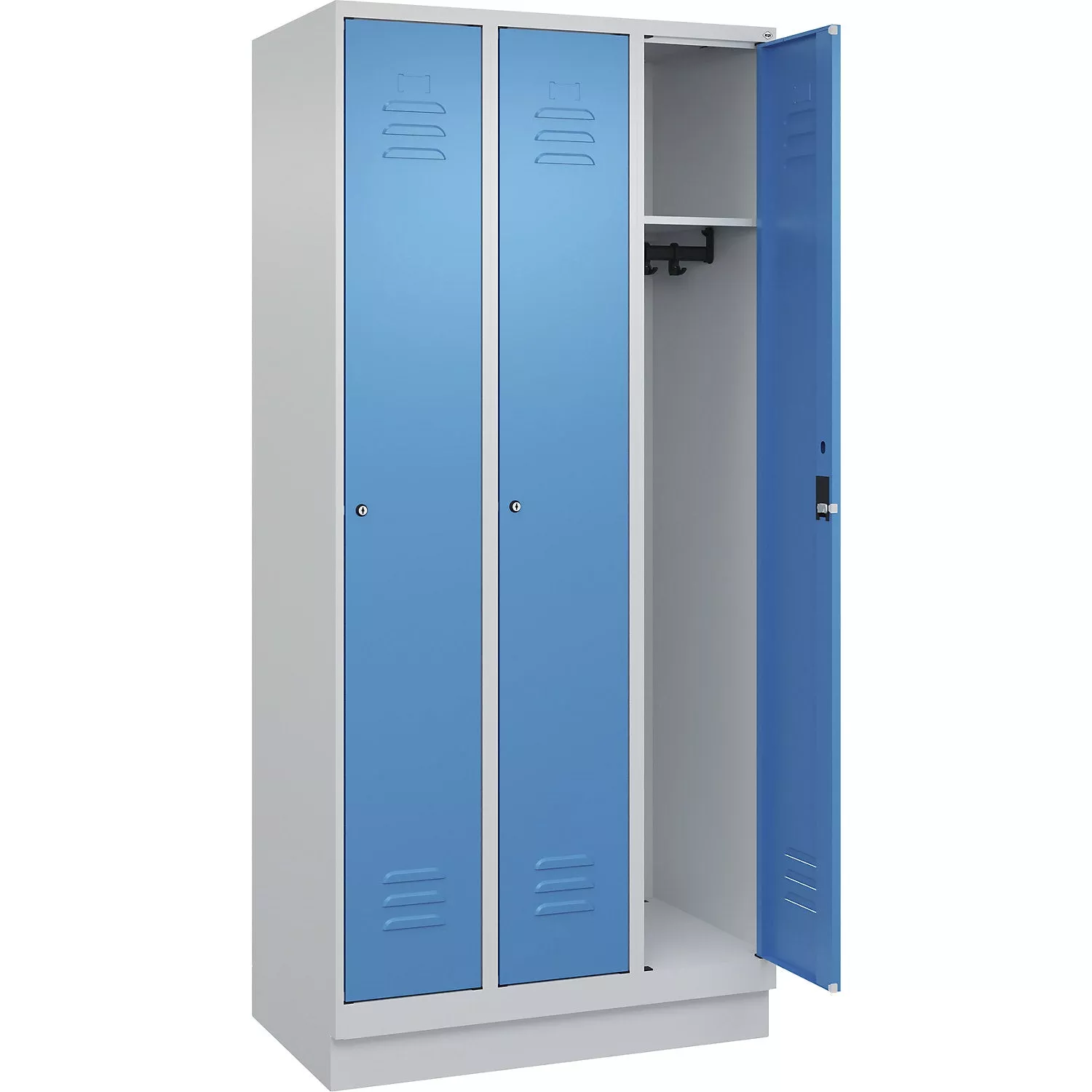 Classic PLUS clothes locker, 3 compartments, light grey/light blue, W 900 mm, with base plinth, rotary bolt.
