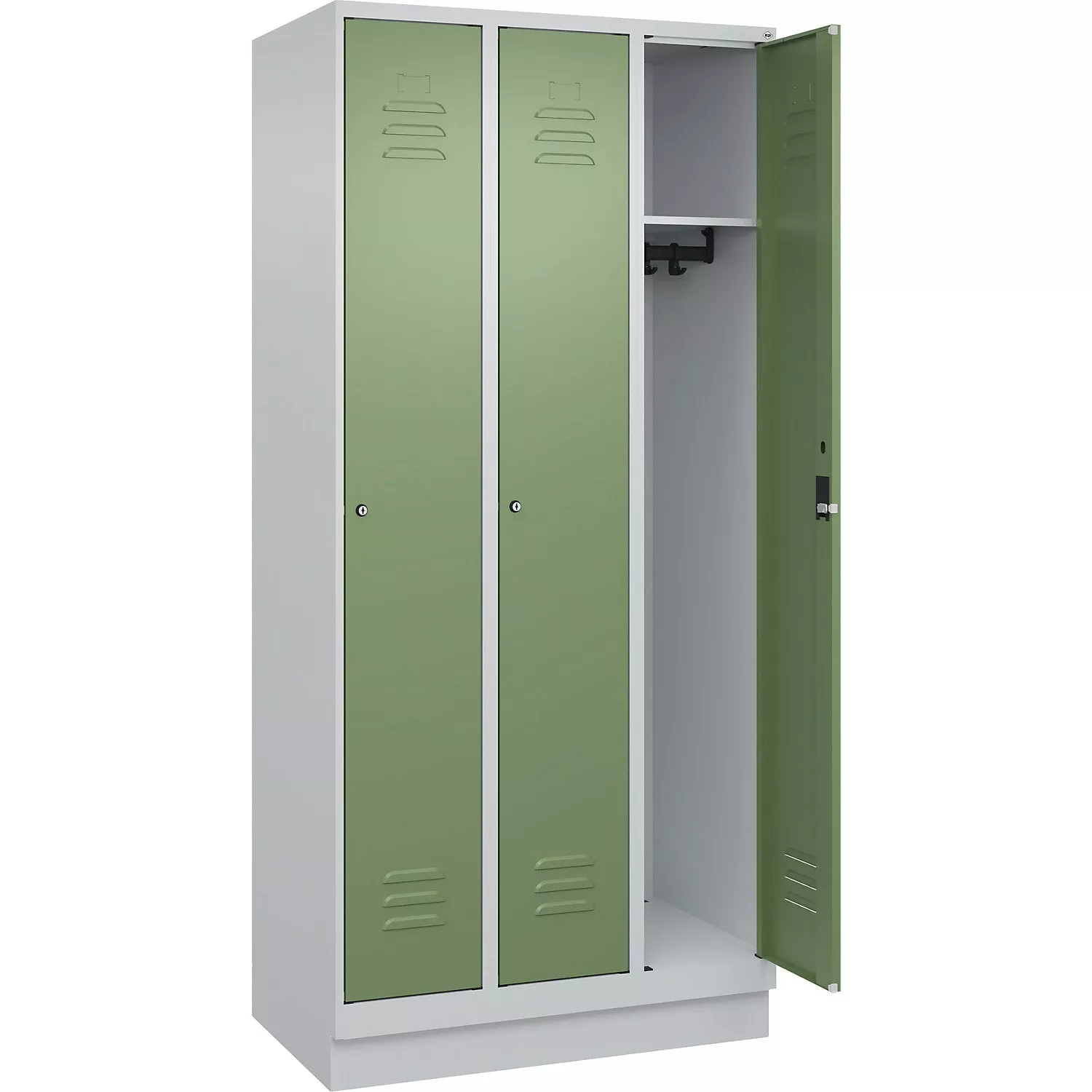 classic-plus-clothes-locker-3-compartments-light-grey-reseda-green-w-900-mm-with Classic PLUS clothes locker, 3 compartments, light grey/reseda green, W 900 mm, with floor glides, rotary bolt.