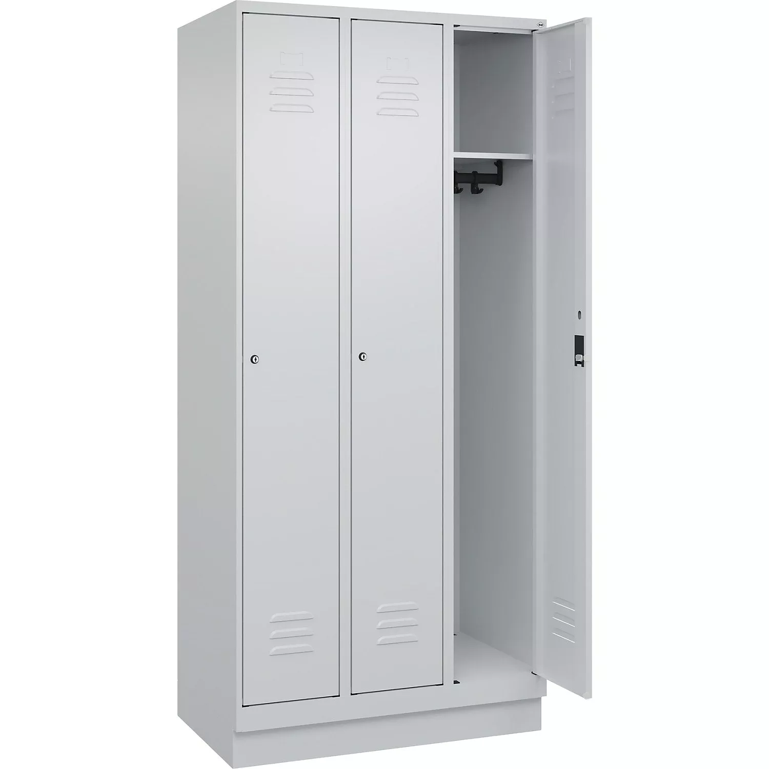 classic-plus-clothes-locker-3-compartments-light-grey-w-900-mm-with-base-plinth- Classic PLUS clothes locker, 3 compartments, light grey, W 900 mm, with base plinth, rotary bolt.