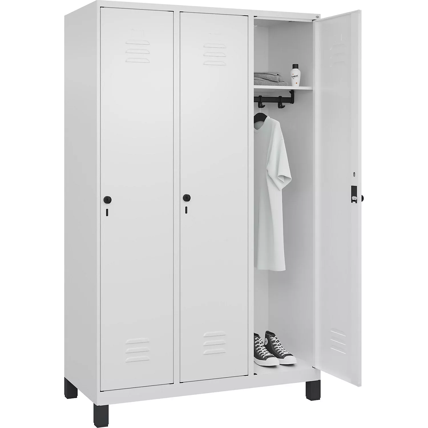 classic-plus-clothes-locker-3-compartments-traffic-white-w-1200-mm-with-feet-rot Classic PLUS clothes locker, 3 compartments, traffic white, W 1200 mm, with feet, rotary bolt.