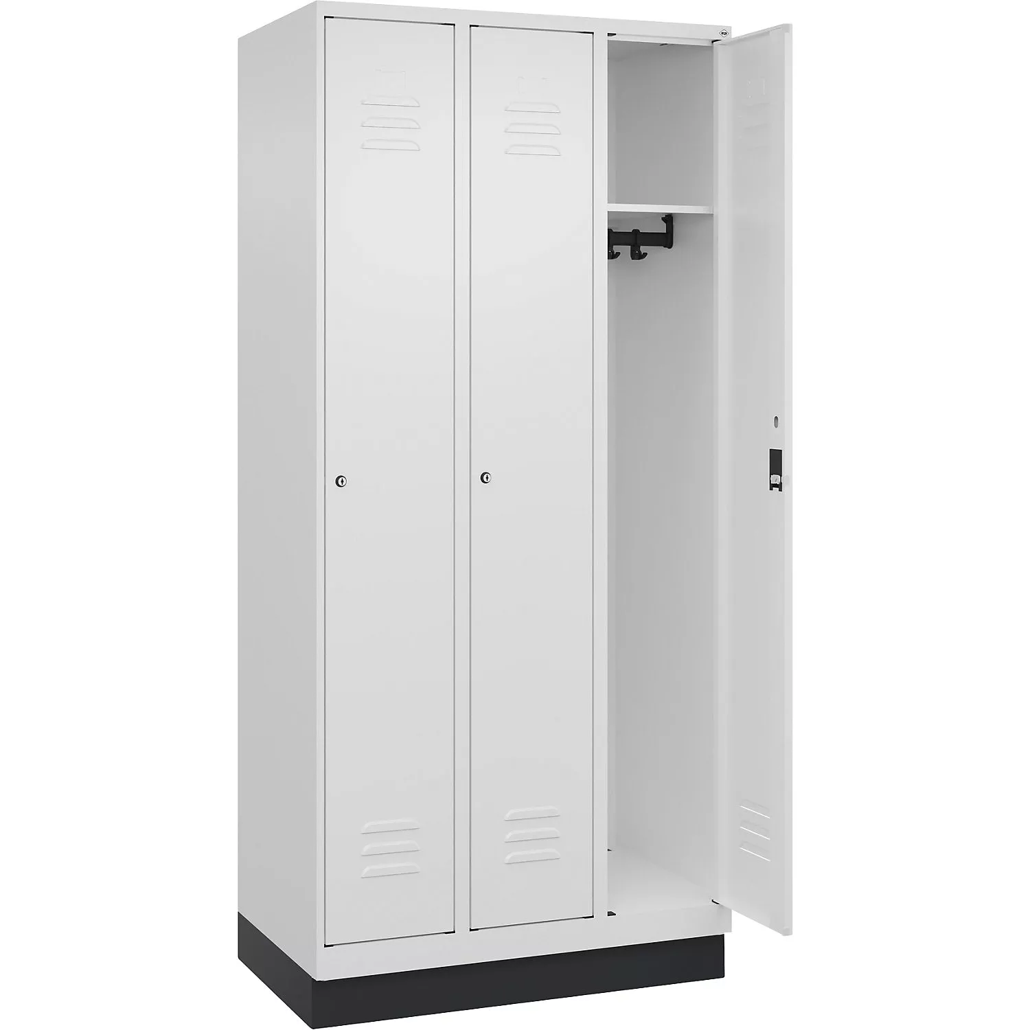 Classic PLUS clothes locker, 3 compartments, traffic white, W 900 mm, with base plinth, rotary bolt.