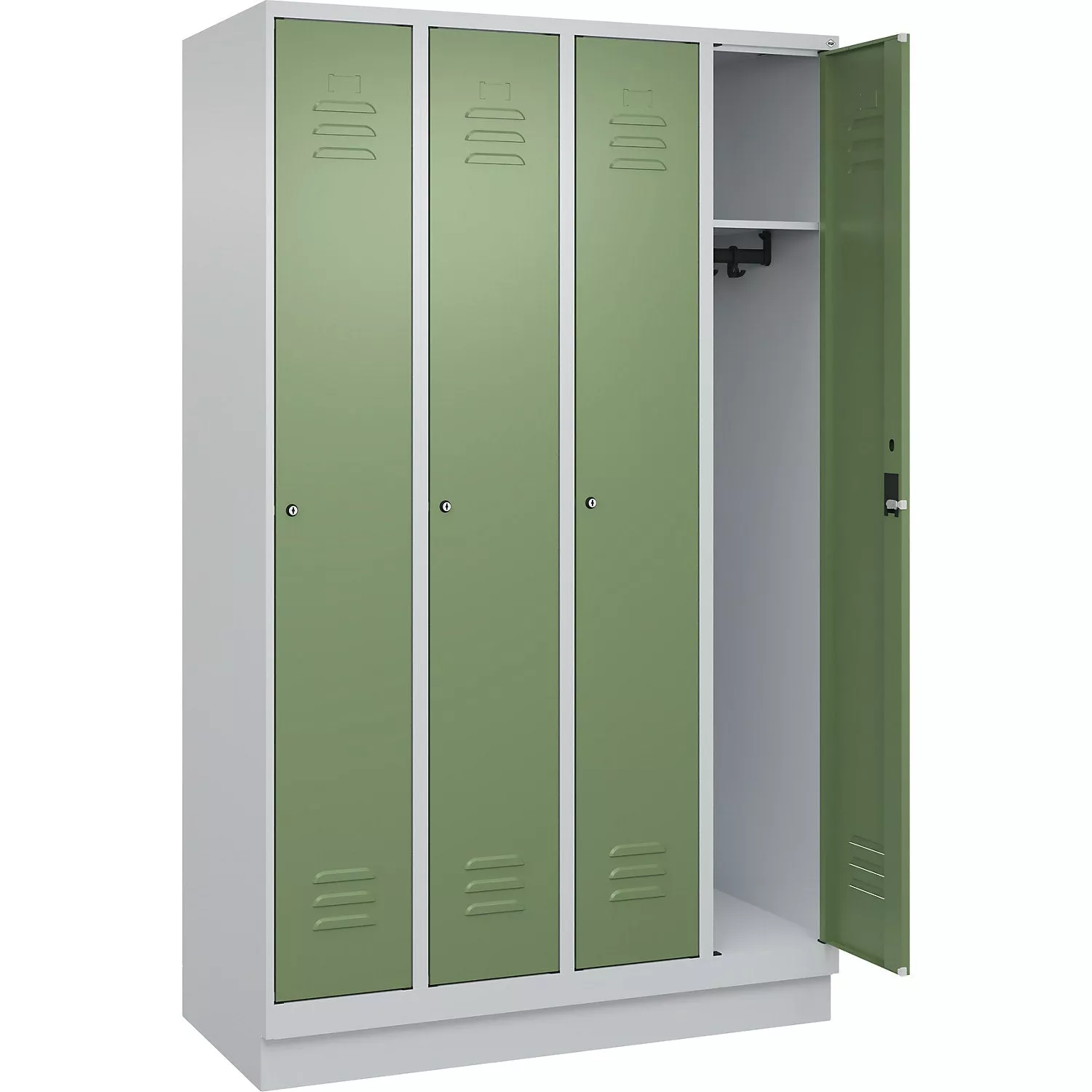 Classic PLUS clothes locker, 4 compartments, light grey/reseda green, W 1200 mm, with floor glides, rotary bolt.