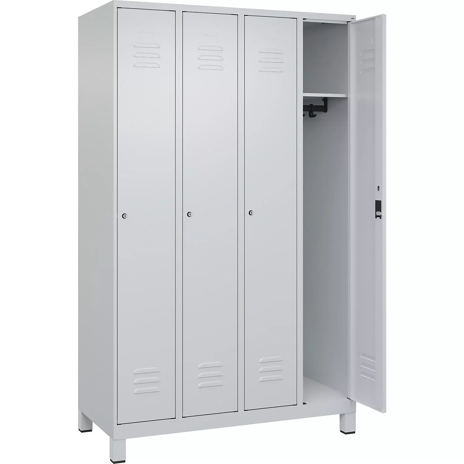 Classic PLUS clothes locker, 4 compartments, light grey, W 1200 mm, with feet, cylinder lock.