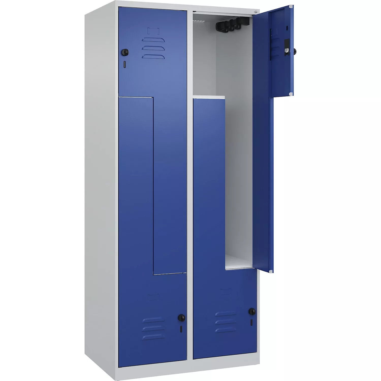 classic-plus-z-locker-2-compartments-light-grey-gentian-blue-w-800-mm-with-floor Classic PLUS Z locker, 2 compartments, light grey/gentian blue, W 800 mm, with floor glides, cylinder lock.