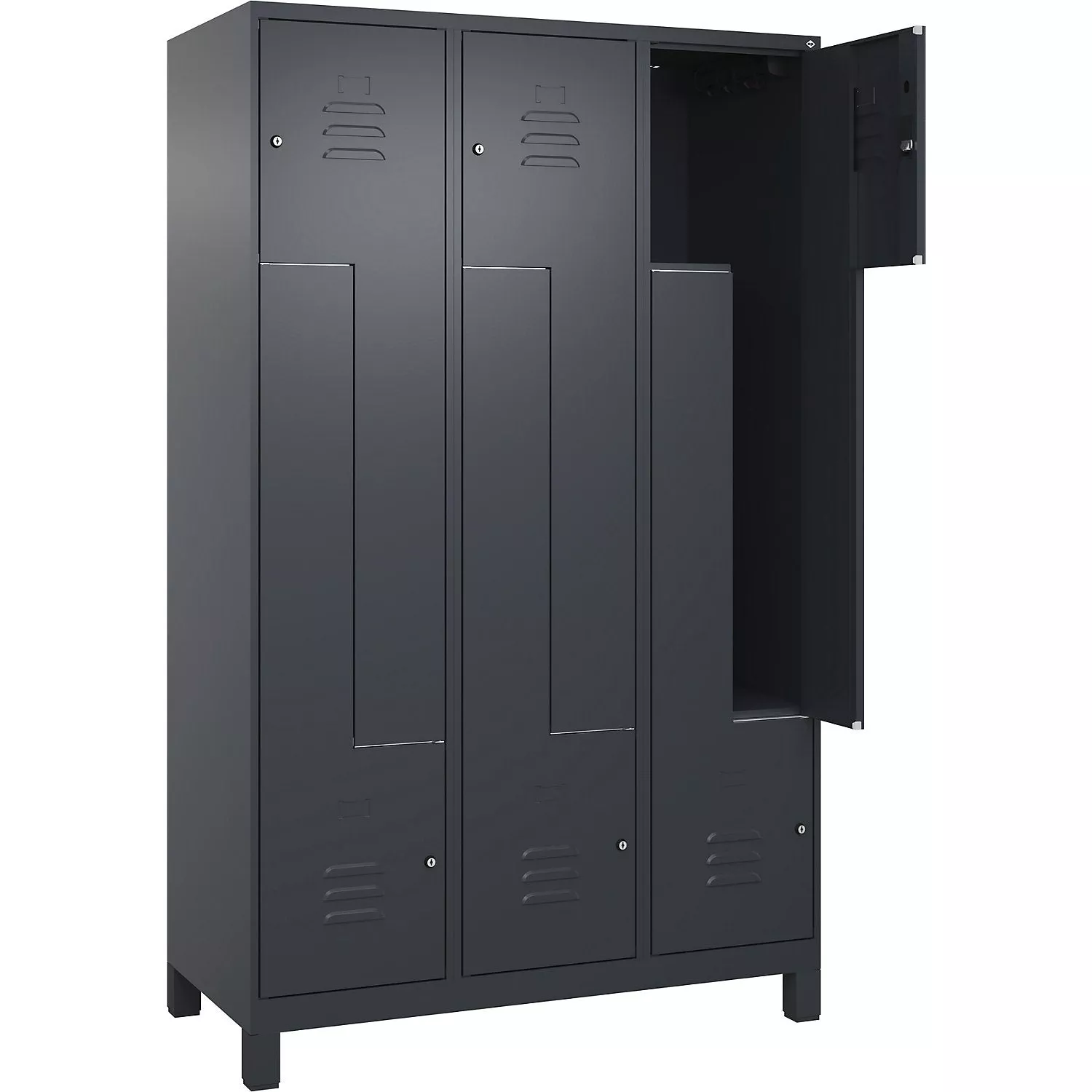 Classic PLUS Z locker, 3 compartments, grey, W 1200 mm, with feet, cylinder lock.