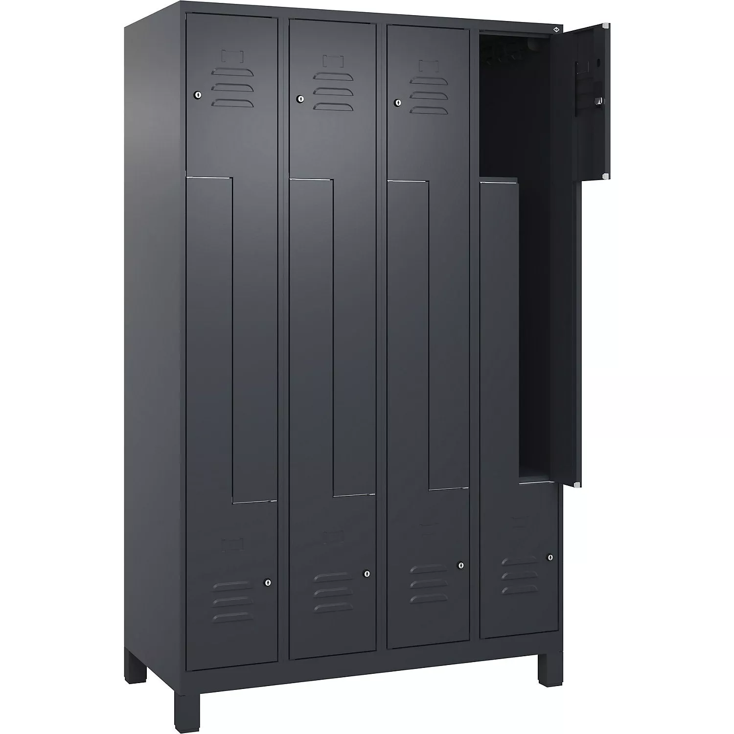 classic-plus-z-locker-4-compartments-grey-w-1200-mm-with-feet-cylinder-lock Classic PLUS Z locker, 4 compartments, grey, W 1200 mm, with feet, cylinder lock.