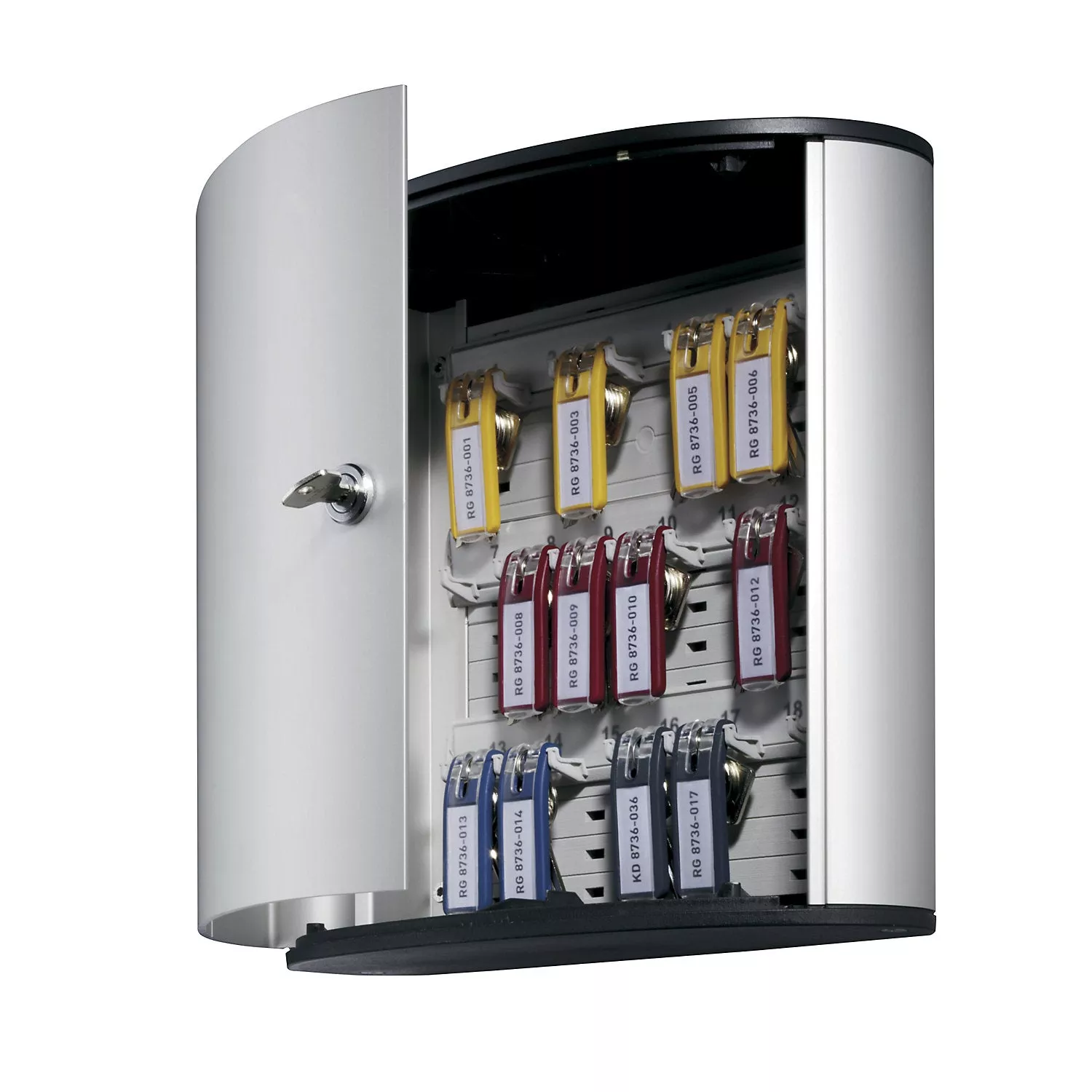 designer-key-box-with-security-cylinder-lock-hxwxd-280-x-300-x-118-mm-18-hooks Designer key box, with security cylinder lock, HxWxD 280 x 300 x 118 mm, 18 hooks.