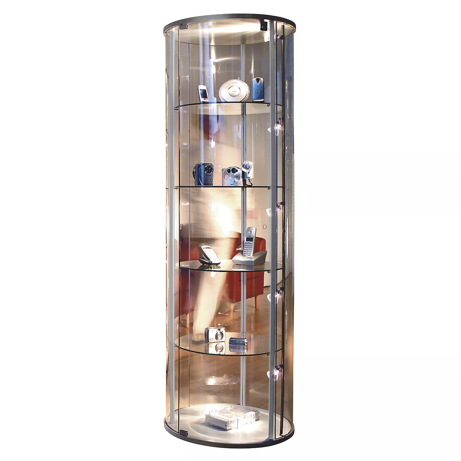 Glass display cabinet, 1 convex hinged door, 4 decorative feet.