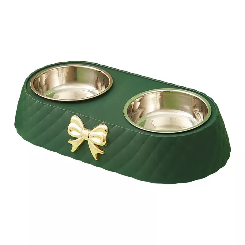 green-quilted-dual-pet-bowls-with-bow Green Quilted Dual Pet Bowls With Bow