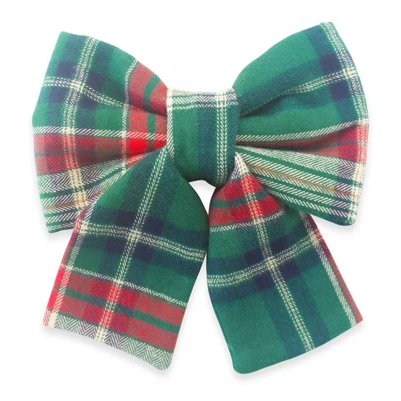 Green Tartan Flannel Dog Sailor Bow
