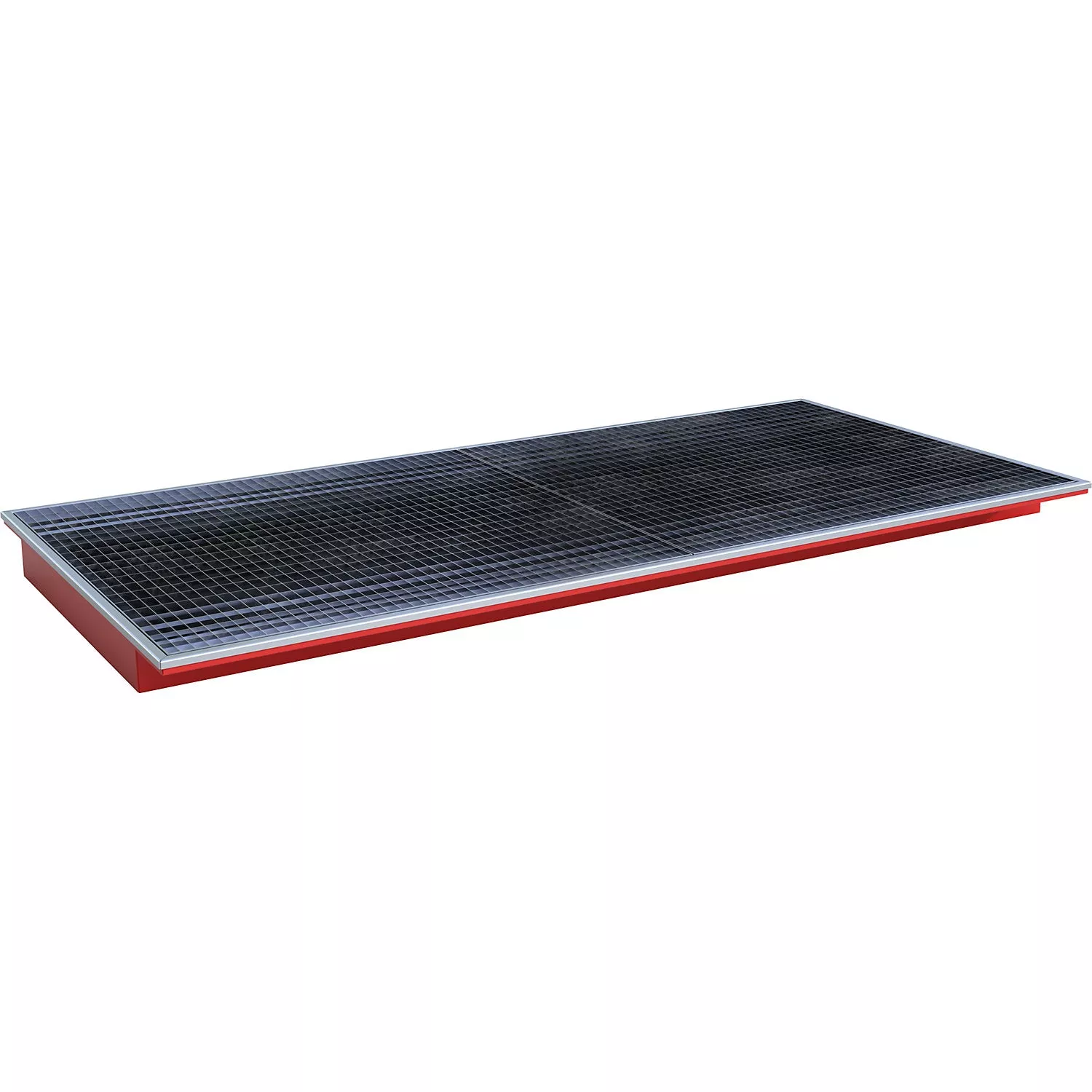 hook-in-sump-tray-with-pe-insert-grate-lxwxh-2665-x-1265-x-135-mm-painted-red Hook-in sump tray, with PE insert and grate, LxWxH 2665 x 1265 x 135 mm, painted red.