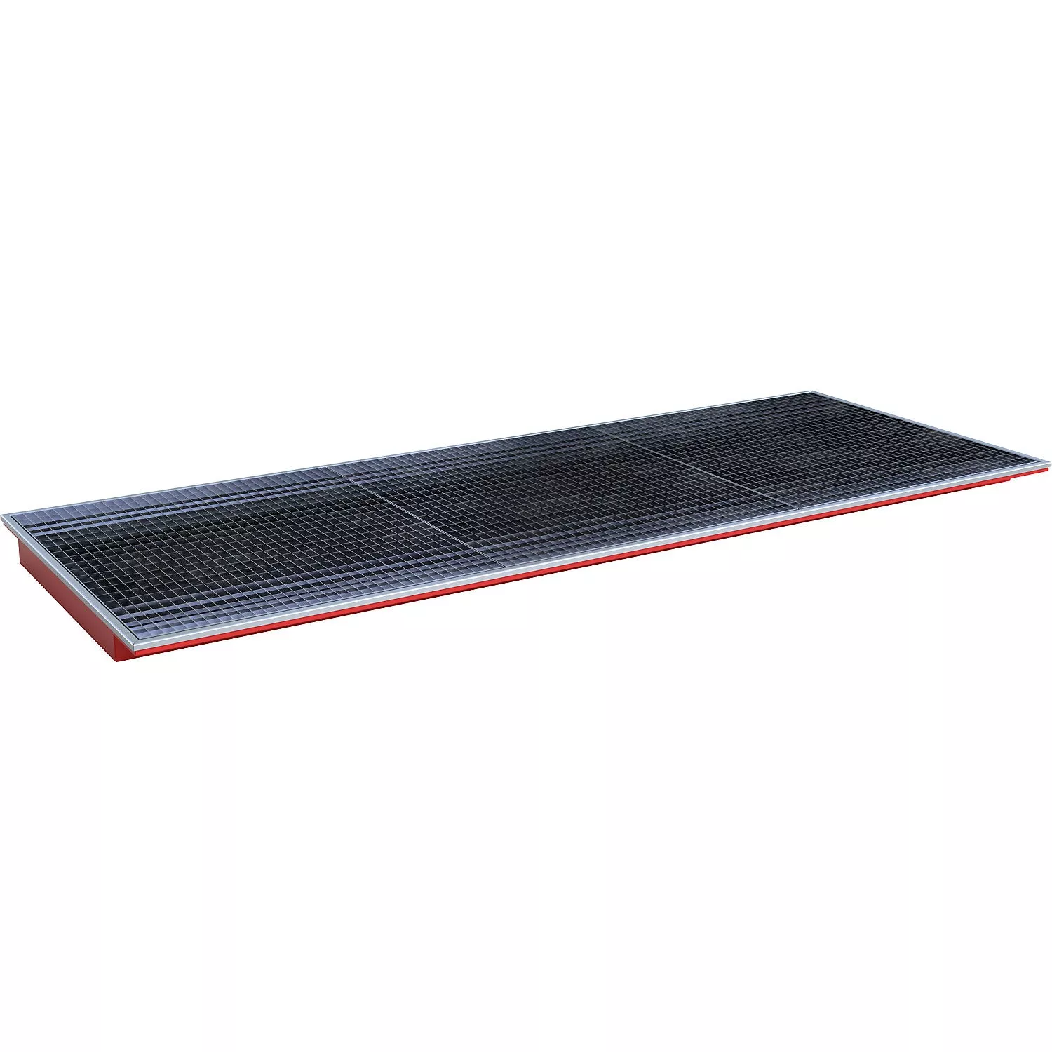 hook-in-sump-tray-with-pe-insert-grate-lxwxh-3265-x-1265-x-115-mm-painted-red Hook-in sump tray, with PE insert and grate, LxWxH 3265 x 1265 x 115 mm, painted red.