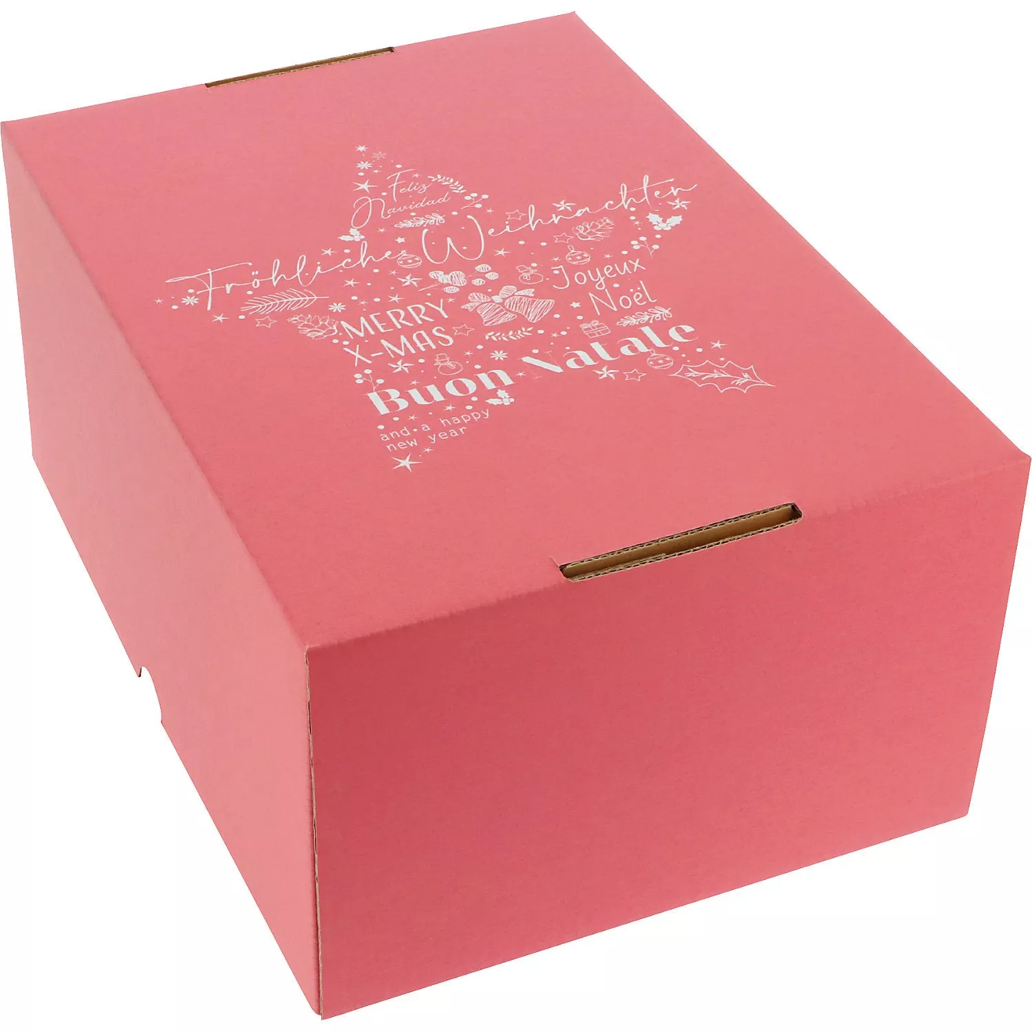 international-christmas-star-pattern-cardboard-box-with-push-on-lid-pack-25-inte International Christmas Star pattern cardboard box with push-on lid, pack of 25, internal dimensions 305 x 215 x 150 mm, red.