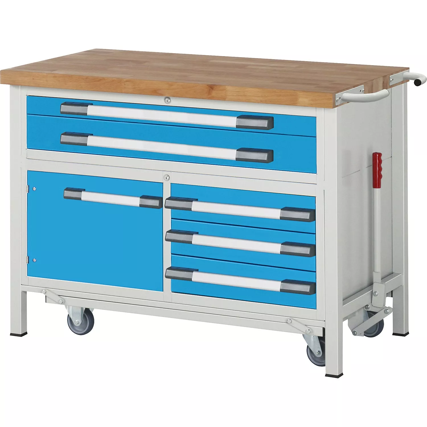 Mobile and lowerable workbench, Series 8000 frame construction, 5 drawers, 1 door, worktop WxD 1250 x 700 mm.