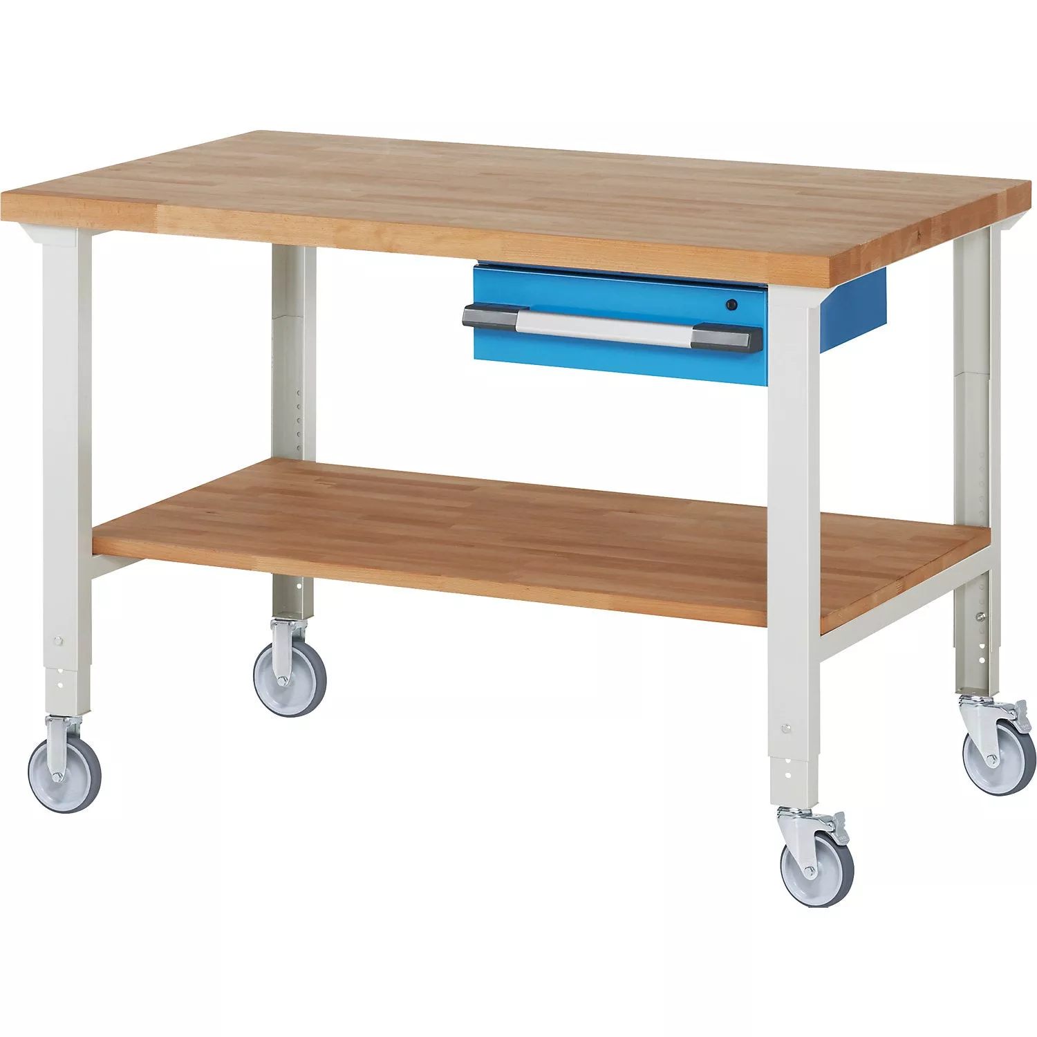 Mobile workbench series 7000, 2 fixed/2 swivel castors, 1 drawer, shelf, worktop WxD 1000 x 900 mm.