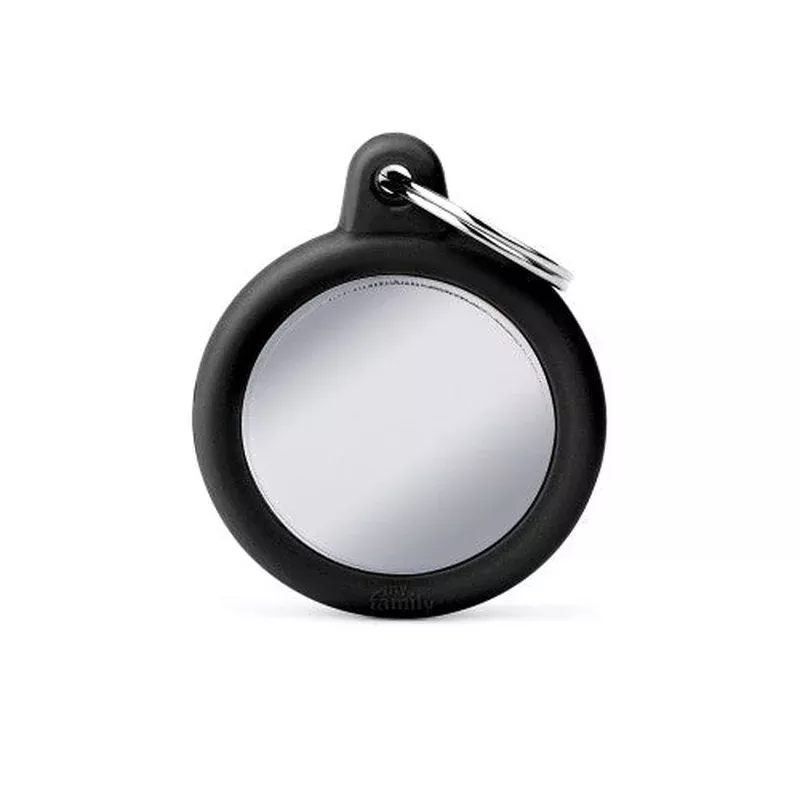 myfamily-hushtag-chrome-plated-brass-circle-id-tag-with-black-rubber MyFamily Hushtag Chrome-Plated Brass Circle ID Tag with Black Rubber
