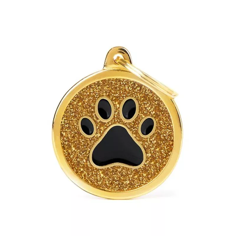 myfamily-shine-big-circle-gold-glitter-black-paw-id-tag MyFamily Shine Big Circle Gold Glitter Black Paw ID Tag