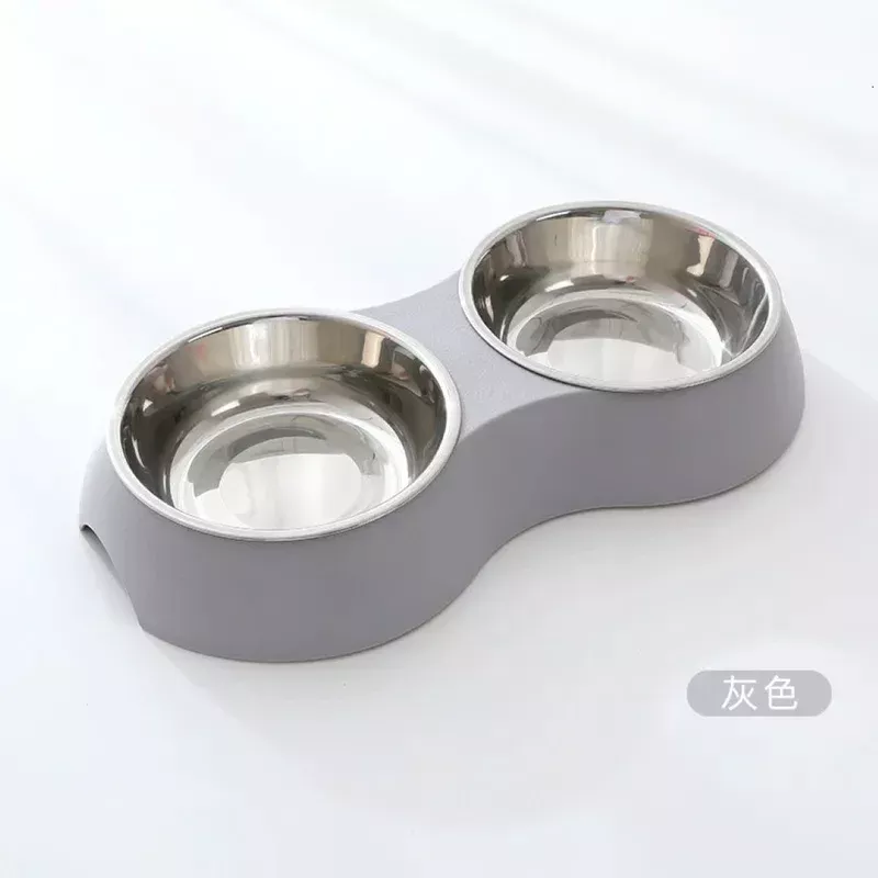 Oval Dual Stainless Steel Pet Bowls- Grey