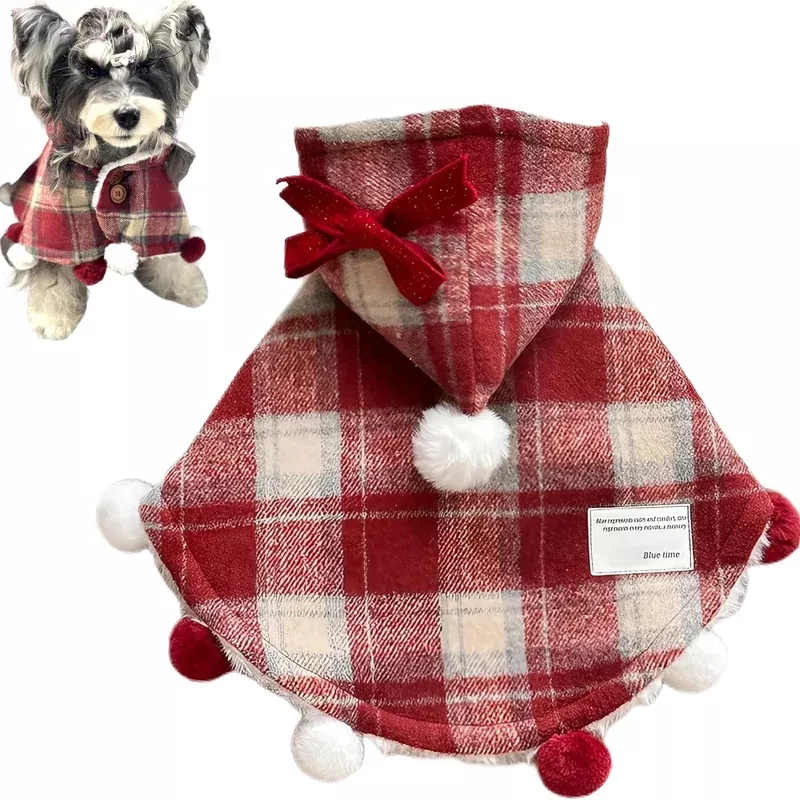 plaid-pet-hooded-cape-with-fuzzy-lining-pom-poms Plaid Pet Hooded Cape with Fuzzy Lining & Pom-Poms