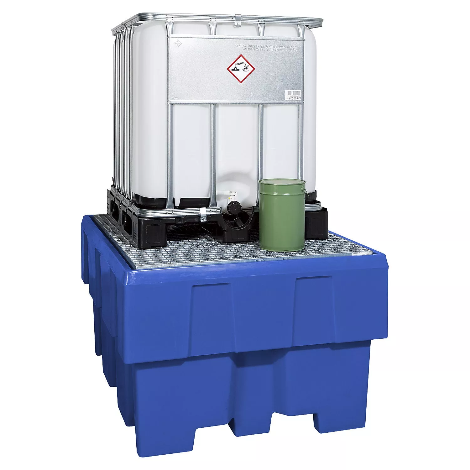 polyethylene-sump-tray-1-ibc-ktc-pedestal-sump-capacity-1000-l-with-grate Polyethylene sump tray, for 1 IBC/KTC pedestal, sump capacity 1000 l, with grate.