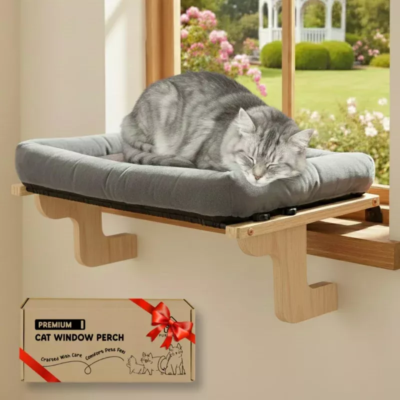 [Ready To Gift] Purrhouse Cat Window Perch With Cushion Bolster And Cool Pad Cat Hammocks For Windows With Wood & Robust Metal