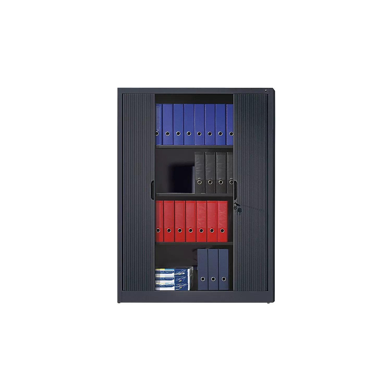 roller-shutter-cupboard-with-horizontal-shutter-hxwxd-1660-x-1200-x-420-mm-3-she Roller shutter cupboard with horizontal shutter, HxWxD 1660 x 1200 x 420 mm, 3 shelves, 4 file heights, light grey.