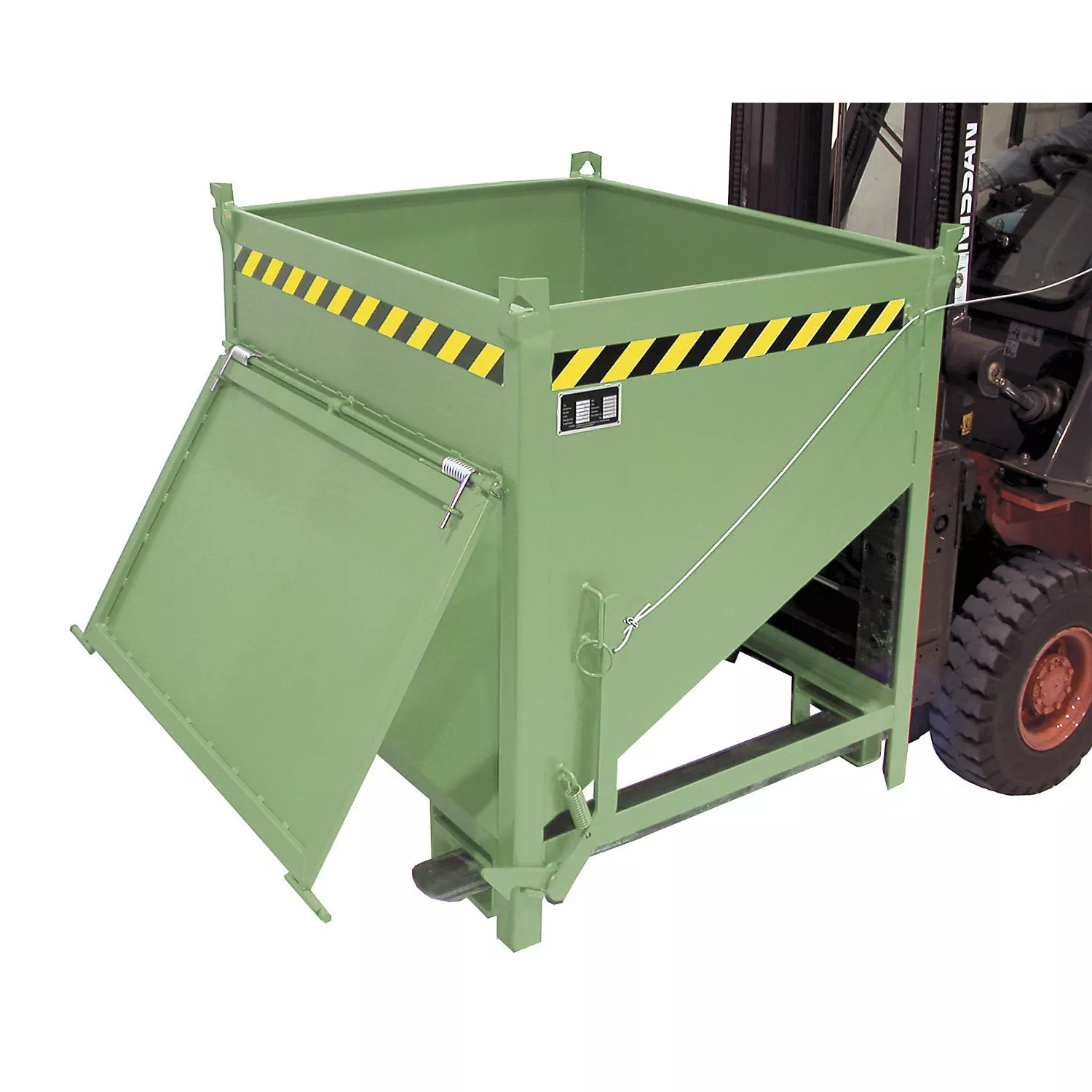 Silo container, capacity 0.75 m, with front flap, reseda green RAL 6011.