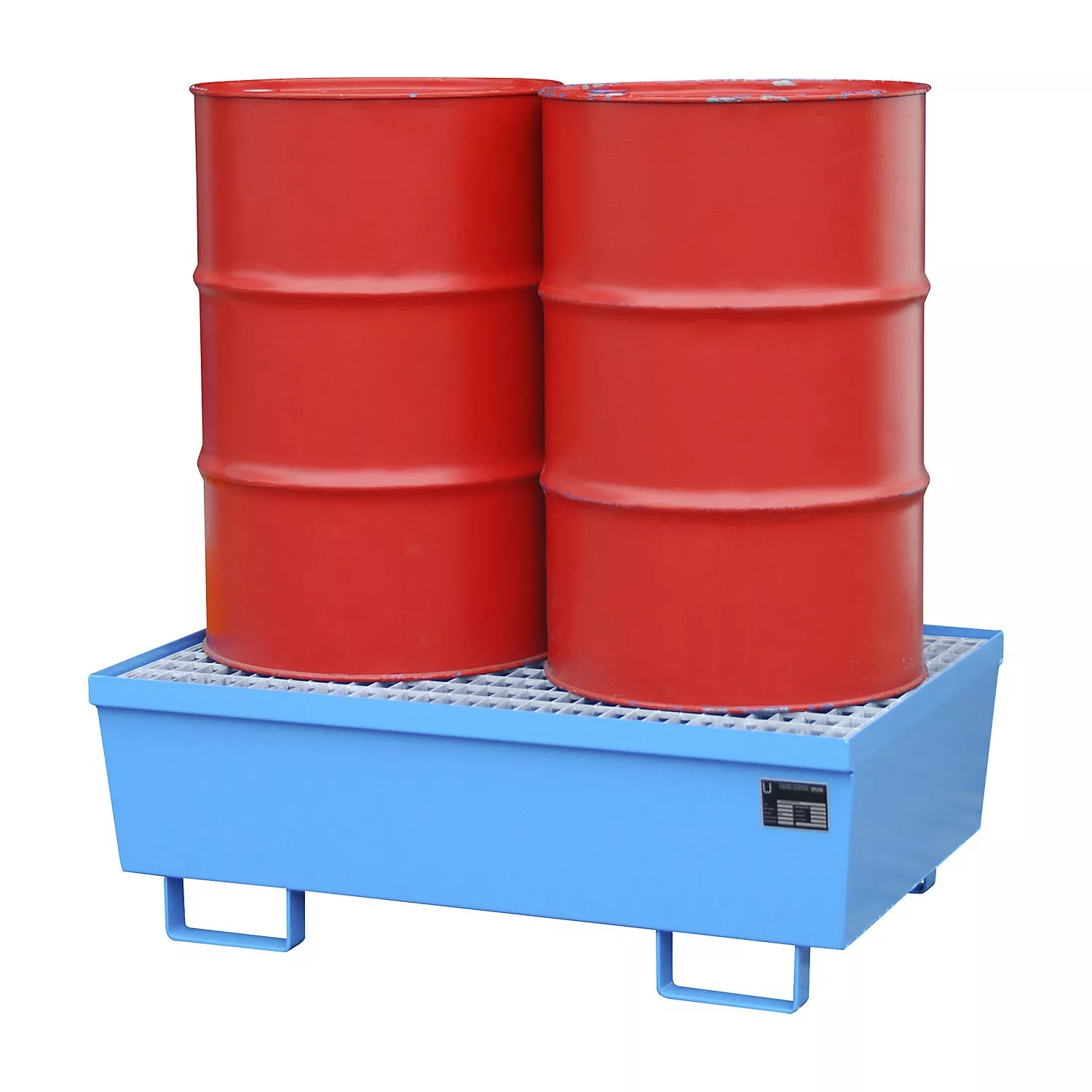 steel-sump-tray-with-edge-profiles-2-x-200-l-drums-blue-ral-5012 Steel sump tray with edge profiles, for 2 x 200 l drums, blue RAL 5012.