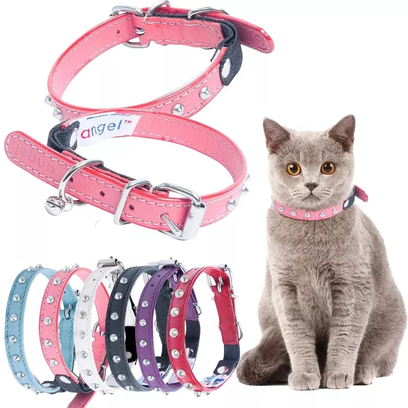 studded-cat-collar-genuine-leather-kitten-collar-sturdy-breakaway-cat-collar-wit Studded Cat Collar Genuine Leather Kitten Collar Sturdy Breakaway Cat Collar with Bell and Elastic Stretch Cat Accessories B
