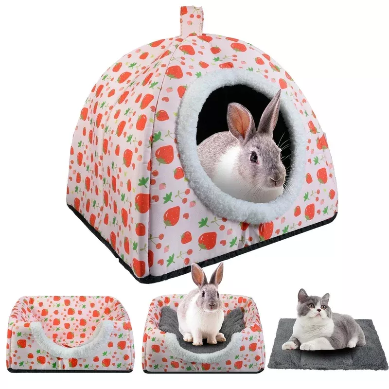 Warm Rabbit Hideout Washable Bunny Bed & Hideaway House With Strawberry Design Cozy Fleece Hut For Indoor Rabbits Guinea Pigs
