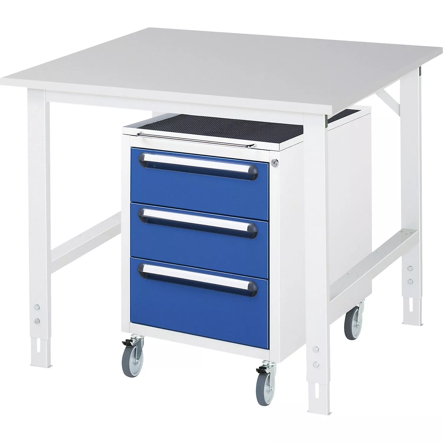 work-table-with-drawer-cupboard-mobile-pedestal-with-3-drawers-2-x-150-1-x-180-m Work table with drawer cupboard, mobile pedestal with 3 drawers 2 x 150, 1 x 180 mm, WxD 1250 x 1000 mm, solid beech wood panel, thickness 25 mm.