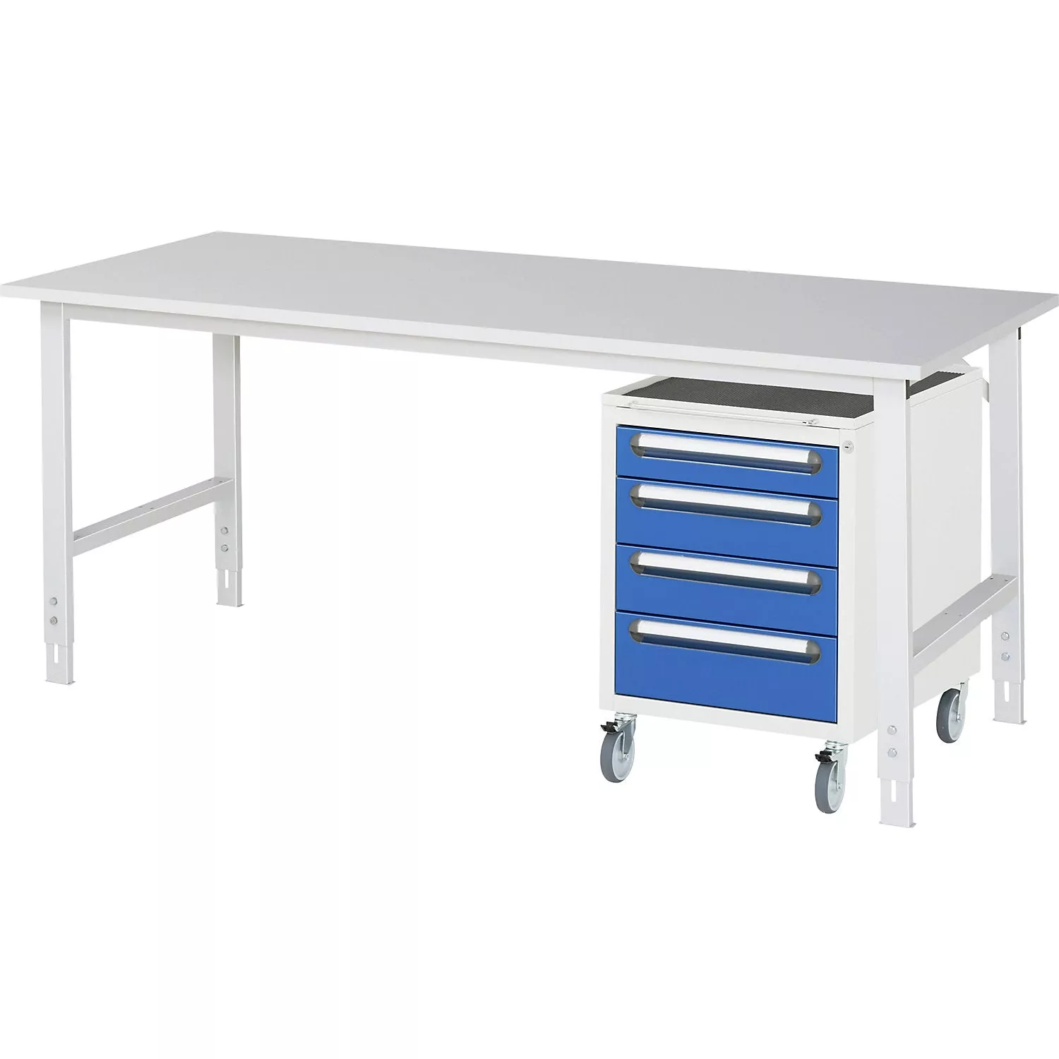work-table-with-drawer-cupboard-mobile-pedestal-with-4-drawers-1-x-90-2-x-120-1- Work table with drawer cupboard, mobile pedestal with 4 drawers 1 x 90, 2 x 120, 1 x 140 mm, WxD 750 x 1000 mm, melamine panel, thickness 22 mm.