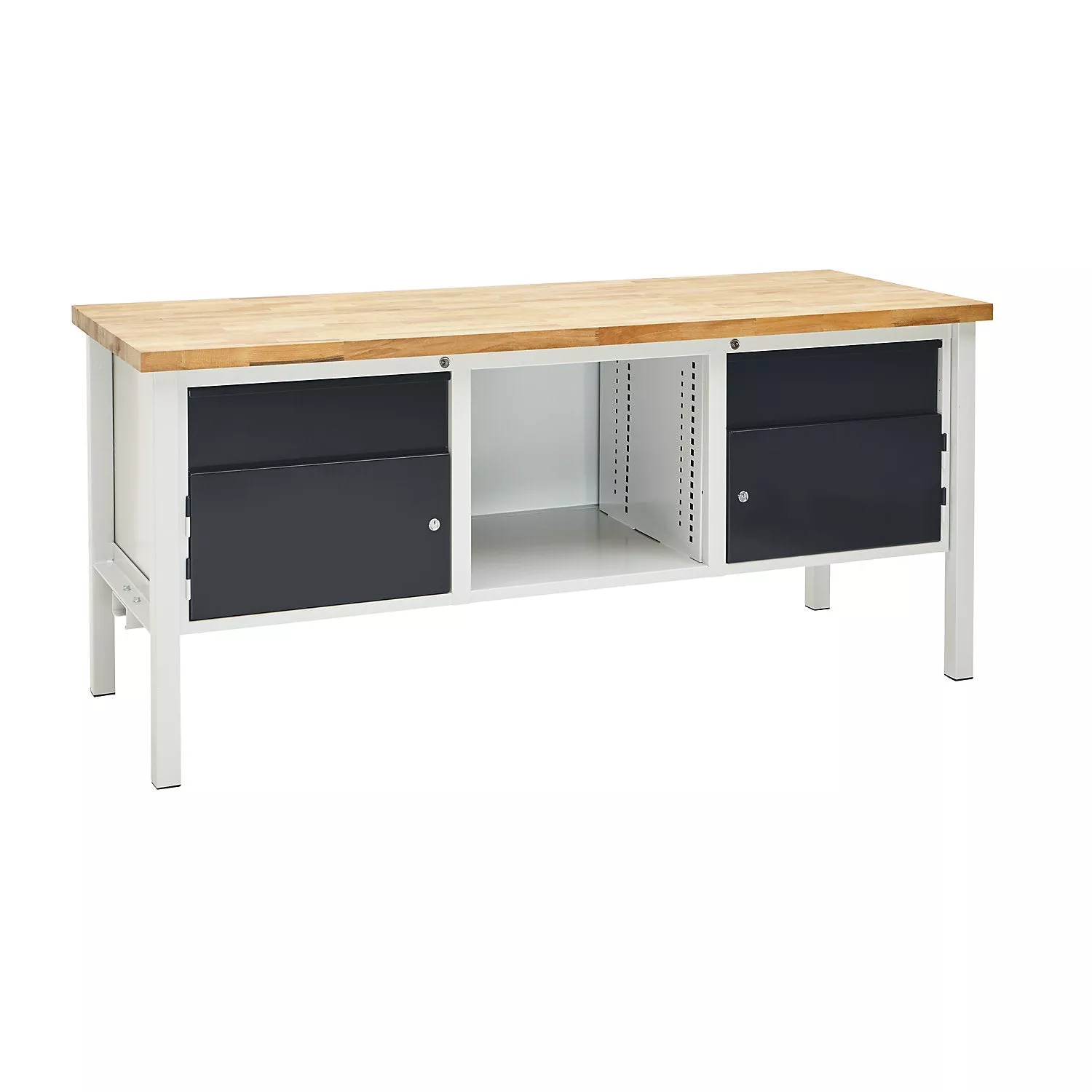 workbench-width-2000-mm-2-x-175-mm-drawers-2-x-300-mm-doors-light-grey-charcoal Workbench, width 2000 mm, 2 x 175 mm drawers, 2 x 300 mm doors, light grey/charcoal.